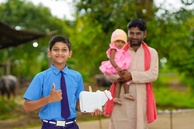 Home importance saving concept smart indian little boy standing holding piggy bank hand with his father little sister 75648 6911